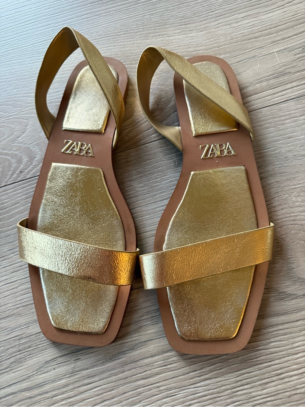 ZARA Metallic Gold Leather Square-Toe Slingback Sandals